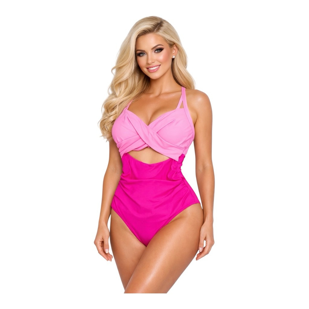 Eomenie Pink Colorblock Cutout One-Piece Swimsuit Barbie Barbiecore Twist Front